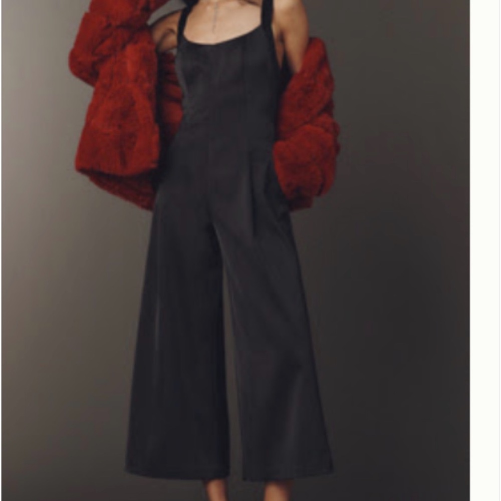 Black Wide-Leg Satin Jumpsuit trimmed in Velvet